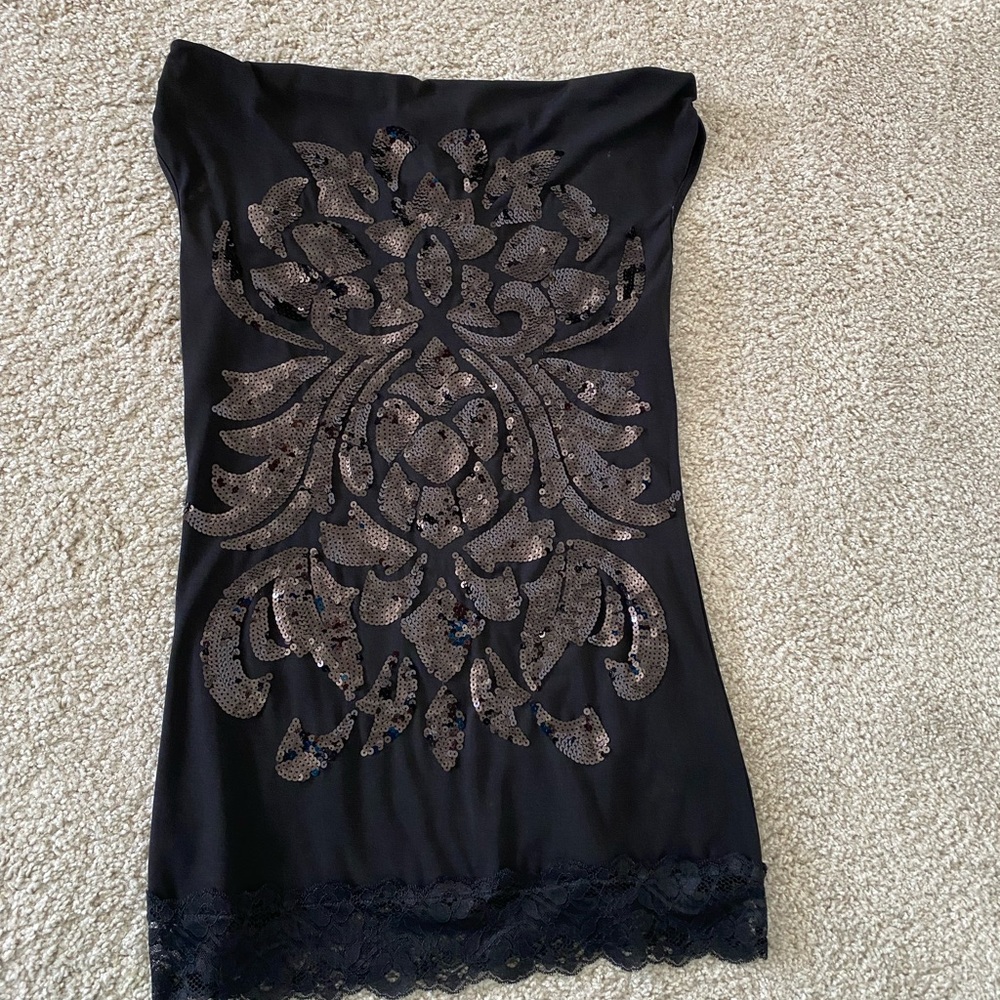 Gorgeous Black Sequin embroidery draped tunic with lace trim